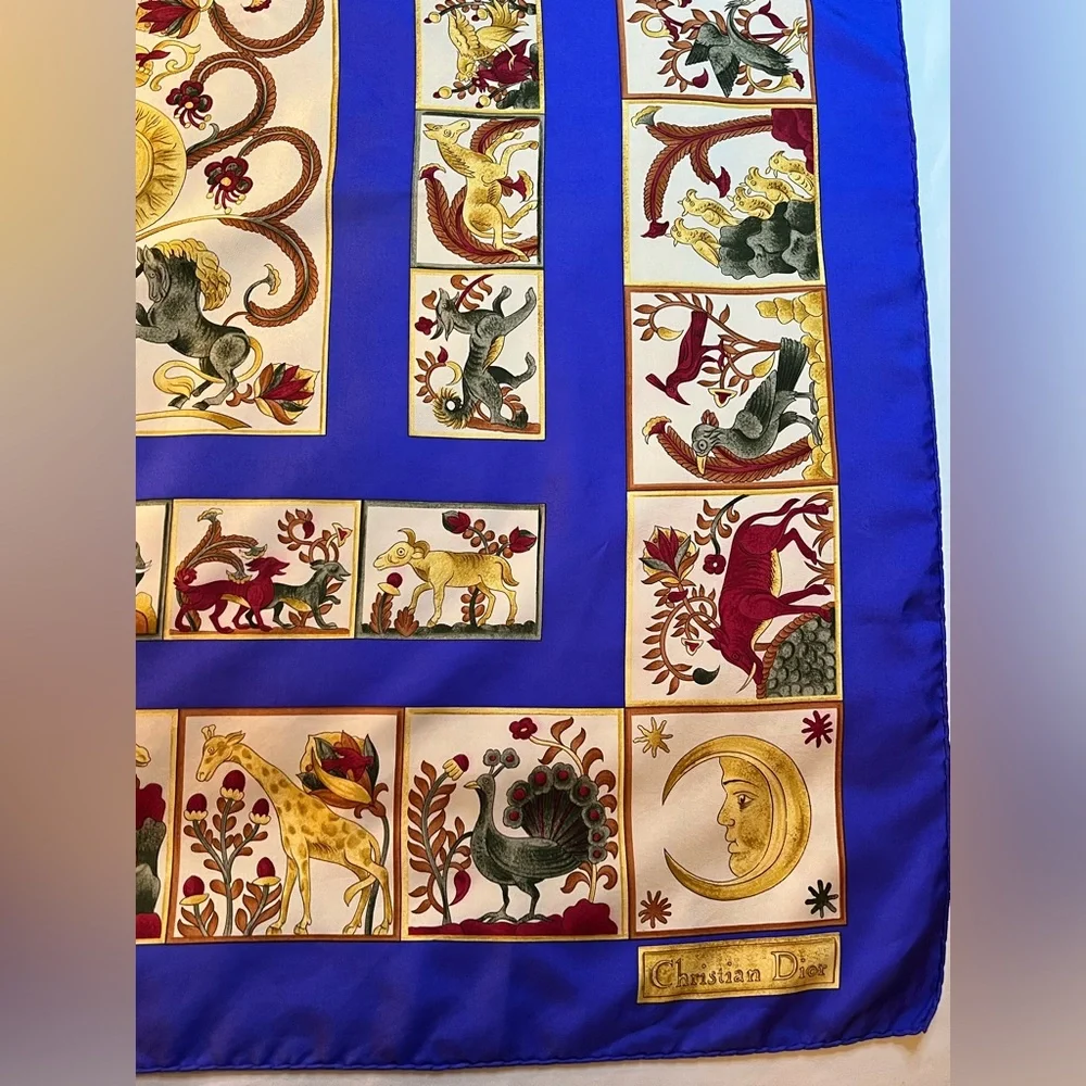 Christian Dior Silk Scarf Vtg Tree of Life Unicorn Animals Sun Moon HR 34 x 34
